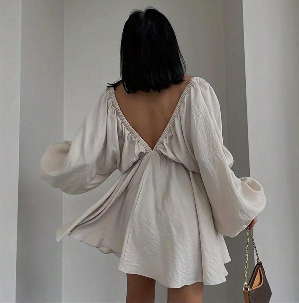 Solid Color V-Neck Lantern Sleeve Dress - Picture 2 of 3